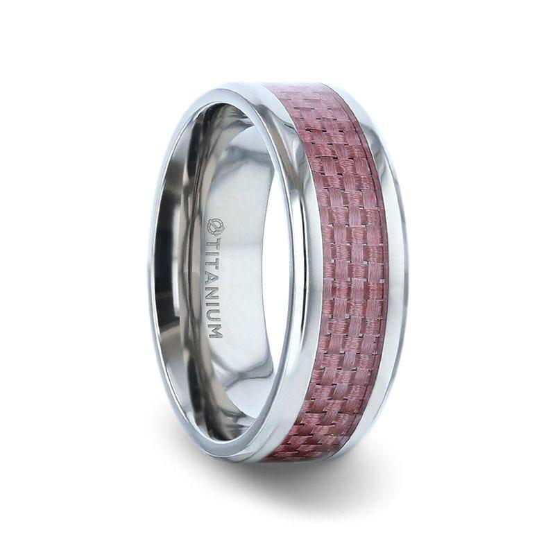 DOMINIQUE Pink Carbon Fiber Inlaid Titanium Flat Polished Finish Band With Beveled Edges - 8mm