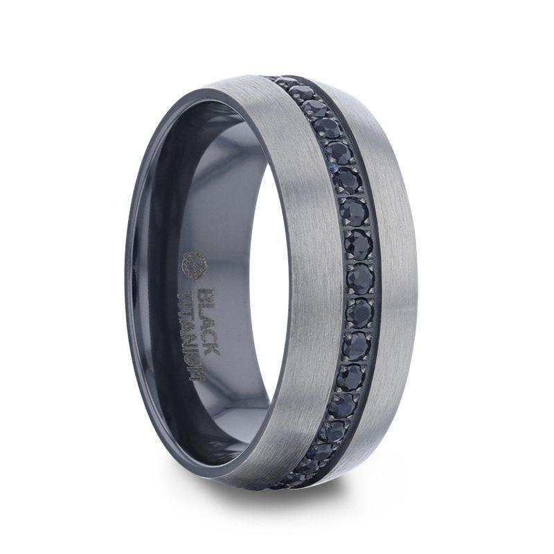 AVIATOR Domed Brushed Titanium Men's Wedding Band with Black Sapphire Stones Inlay - 8mm