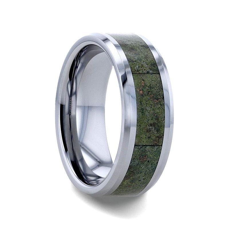 LIBERTY Tungsten Carbide ring with Beveled Edges and Green Copper Conglomerate Inlay - 8mm