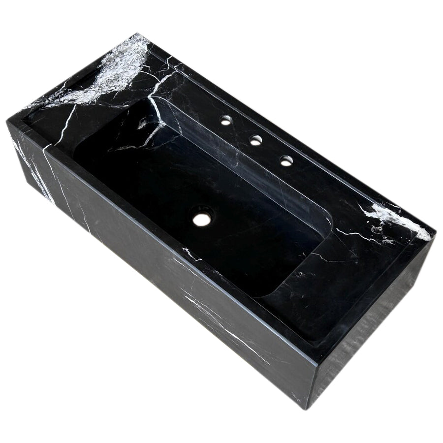 Toros Black Marble Rectangular Wall-mount Bathroom Sink (W)16" (L)36" (H)10"