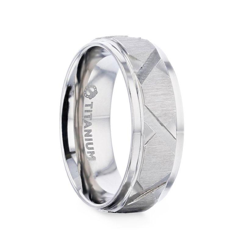 VIRAGE Raised Horizontal Etch and Diagon-Shaped Cuts Centered Titanium Men's Wedding Ring With Polished Step Edges - 8mm