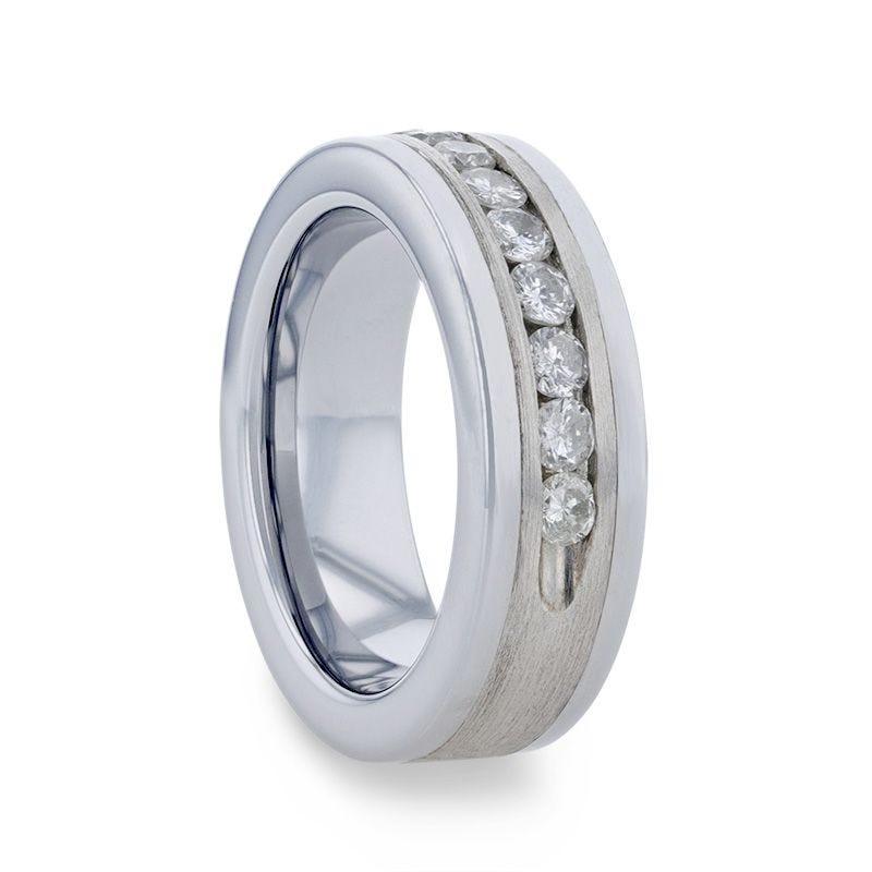 HOLDEN Flat Tungsten Carbide ring with Satin Finished Silver Inlay and 0.9 ctw Channel Set Diamonds by Thorsten - 8mm