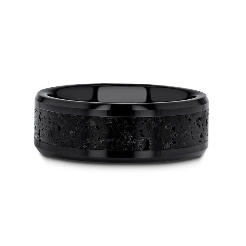 VESUVIUS Men’s Polished Black Ceramic Wedding Band with Black & Gray Lava Rock Stone Inlay & Polished Beveled Edges - 6mm & 8mm