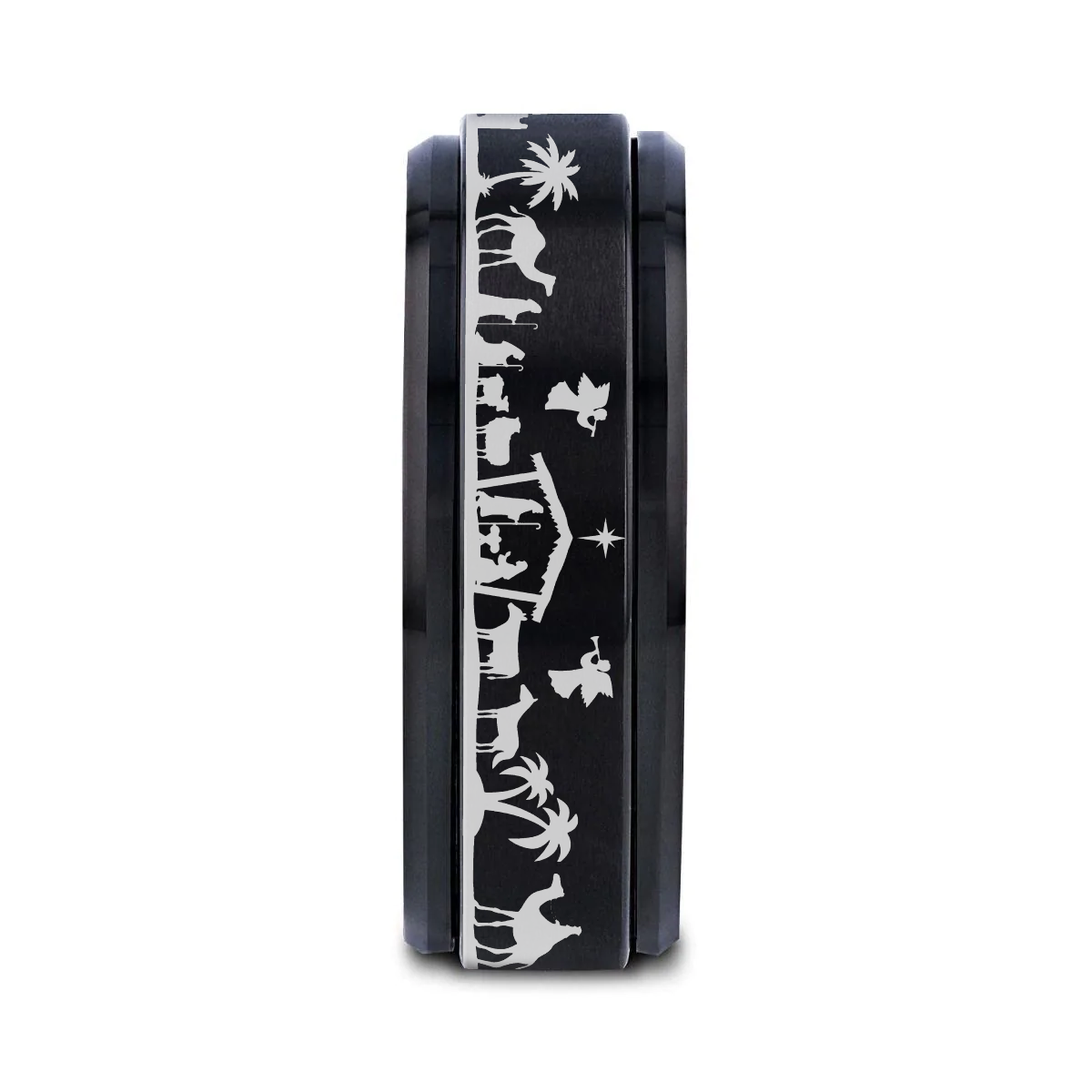 NATIVITY SCENE on Spinning Black Tungsten Carbide Ring