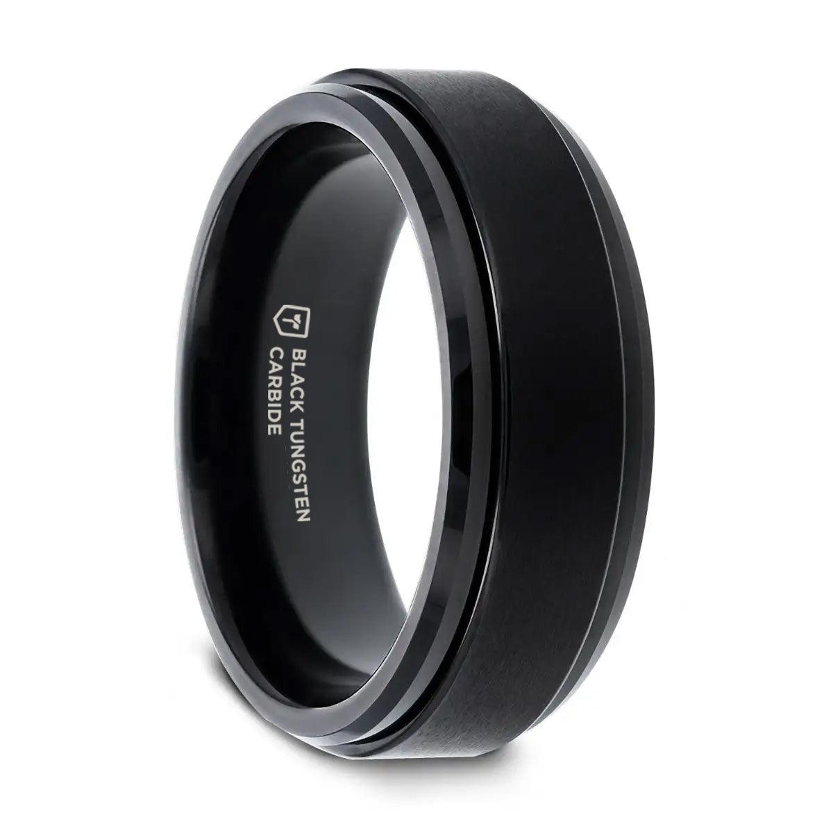 REVOLVE Black Tungsten Brushed Finish Spinner Polished Base Spinning Band - 6mm & 8mm