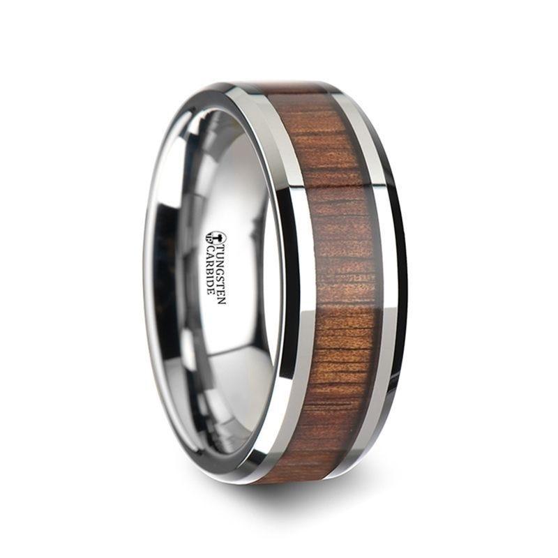 KONA Koa Wood Inlaid Tungsten Carbide Ring with Bevels - 12mm