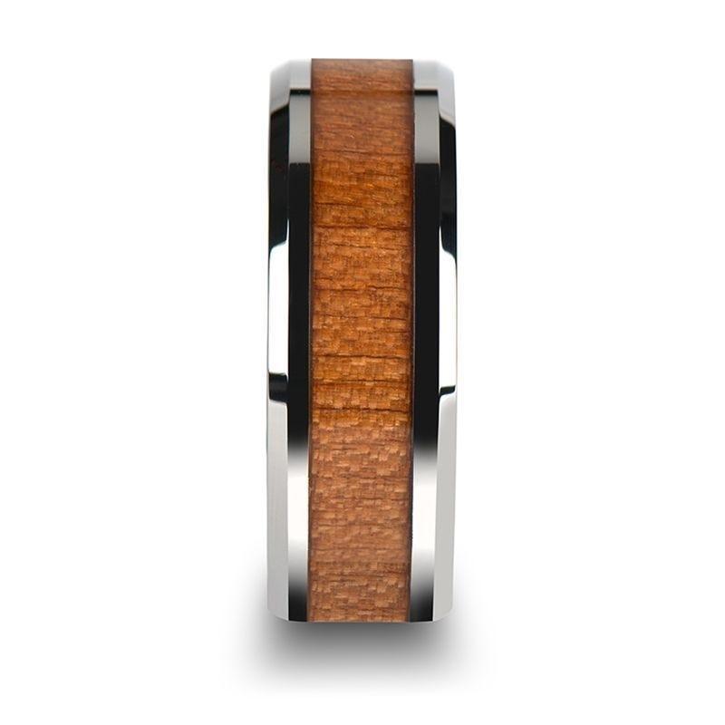 BRUNSWICK Tungsten Wedding Ring with Polished Bevels and American Cherry Wood Inlay - 6mm - 10mm