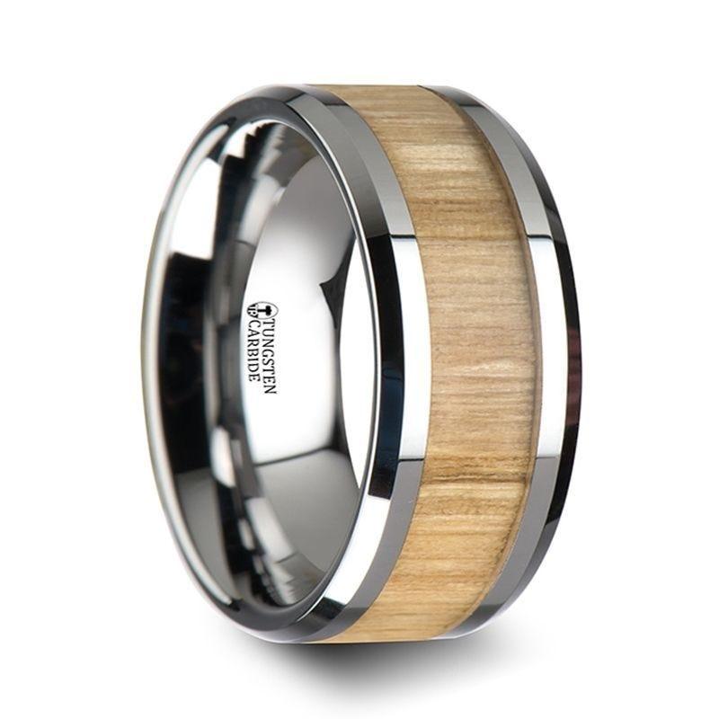 SAMARA Tungsten Ring with Polished Bevels and Real Wood Ash Wood Inlay - 10mm