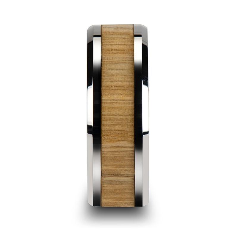 SAMARA Tungsten Ring with Polished Bevels and Real Wood Ash Wood Inlay - 6mm - 10mm