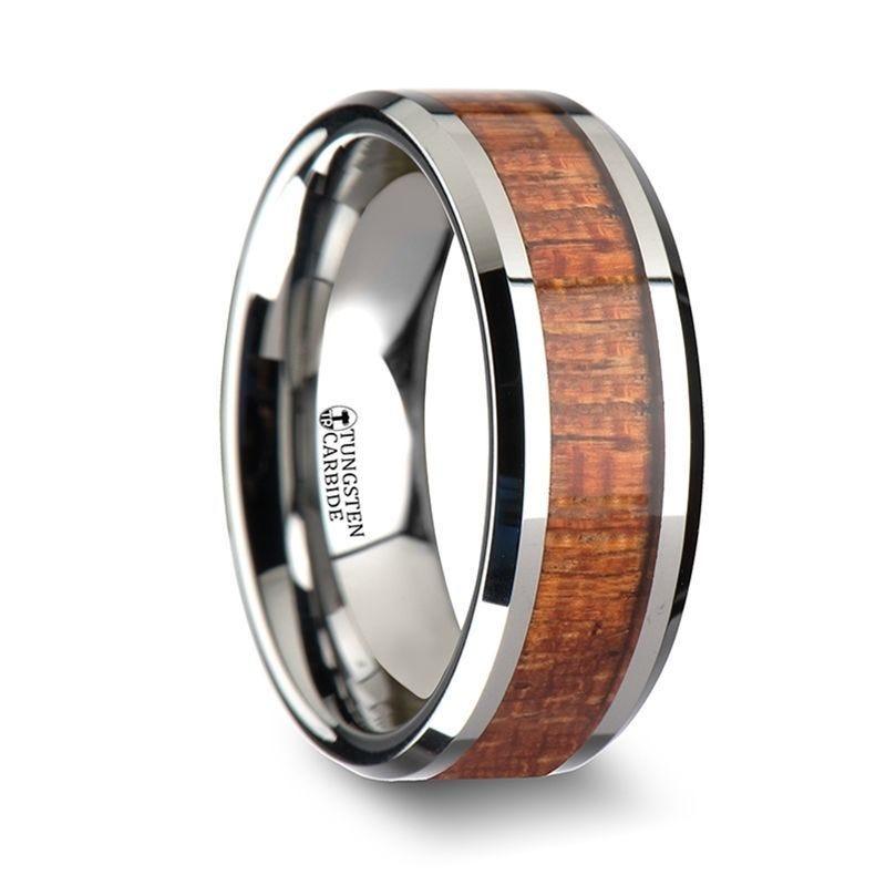 KHAYA Tungsten Band with Polished Bevels and Real Hardwood Mahogany Inlay - 4mm - 10mm