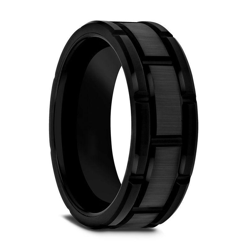 WINDSOR Beveled Black Tungsten Carbide Wedding Band with Brush Finished Center and Alternating Grooves - 8mm & 10mm