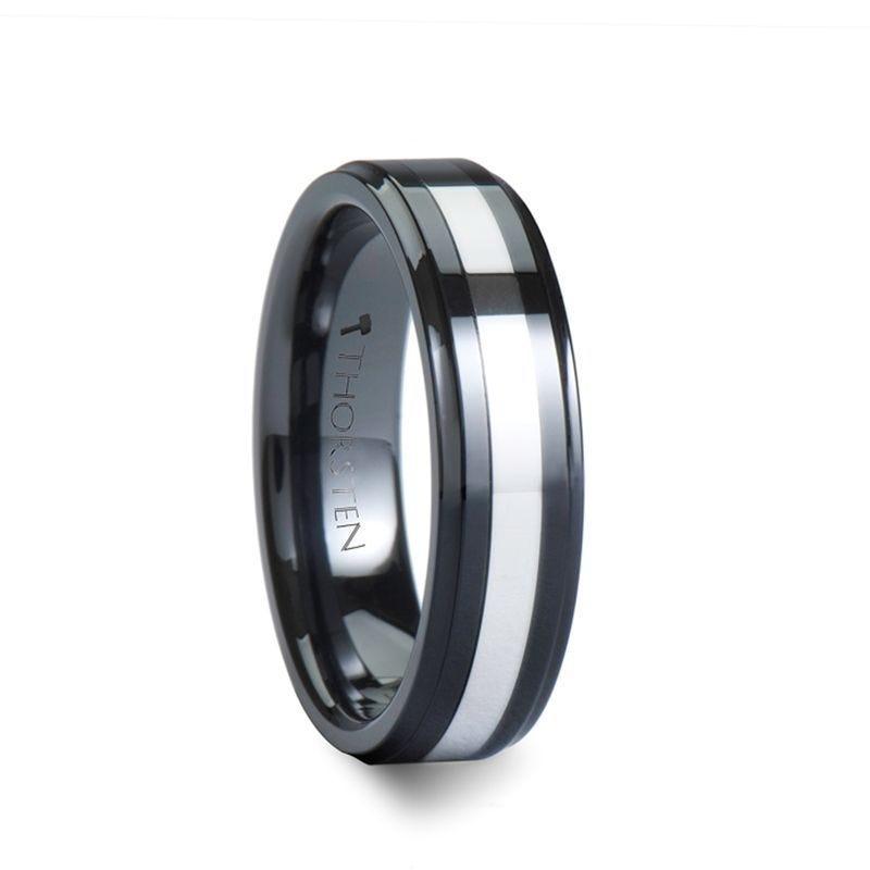 HELSINKI Raised Center Black Ceramic with Tungsten Inlay Ring - 6mm & 8mm