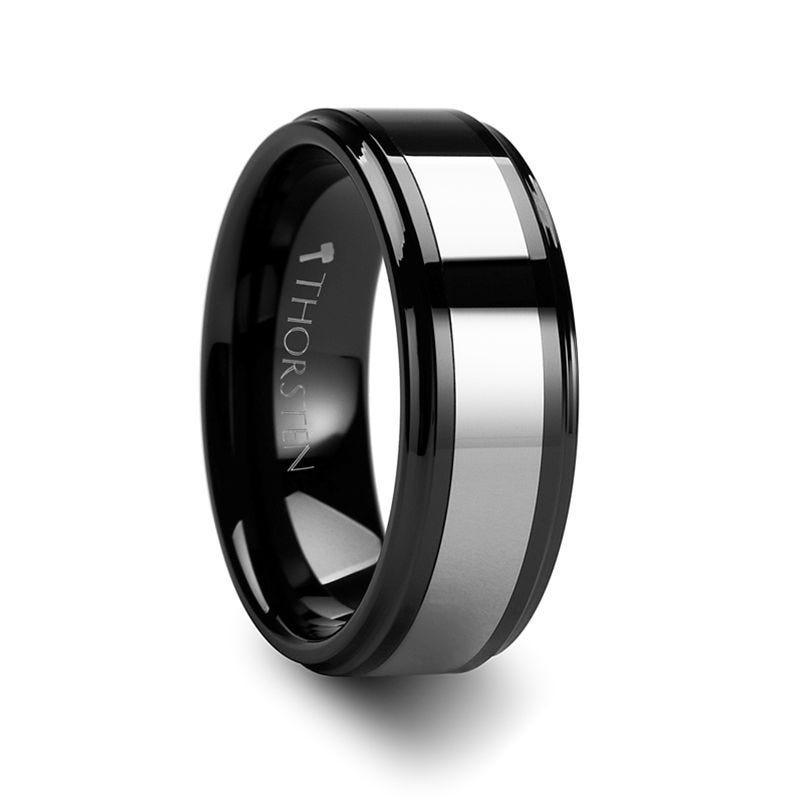 HELSINKI Raised Center Black Ceramic with Tungsten Inlay Ring - 6mm & 8mm