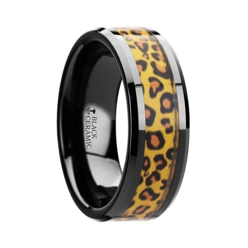 NAMIBIA Black Ceramic Wedding Band with Cheetah Print Animal Design Inlay - 6mm & 8mm