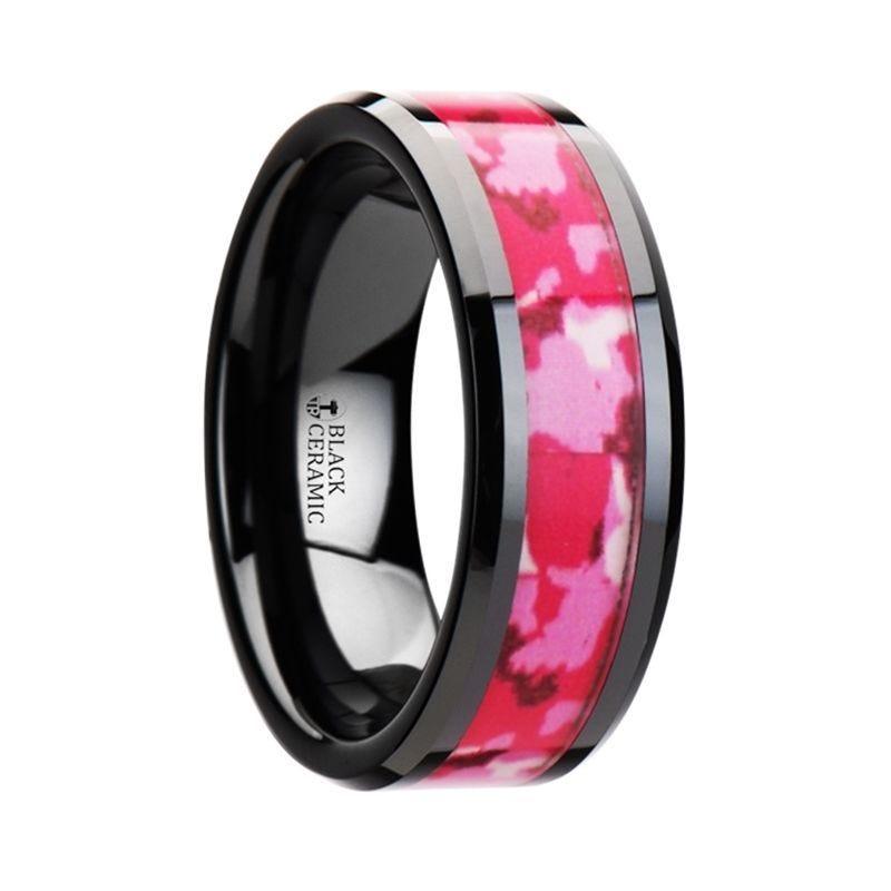 SIERRA Black Ceramic Ring with Pink and White Camouflage Inlay - 6mm & 8mm