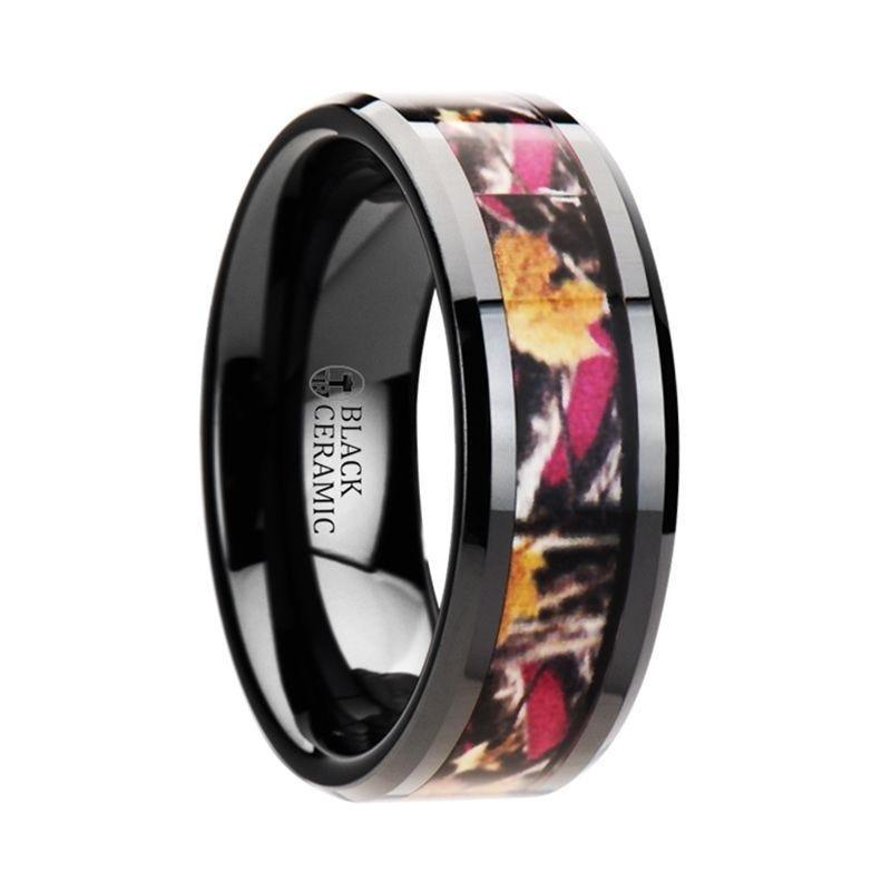 LAUREL Realistic Tree Camo Black Ceramic Wedding Band with Real Pink Oak Leaves - 6mm - 8mm