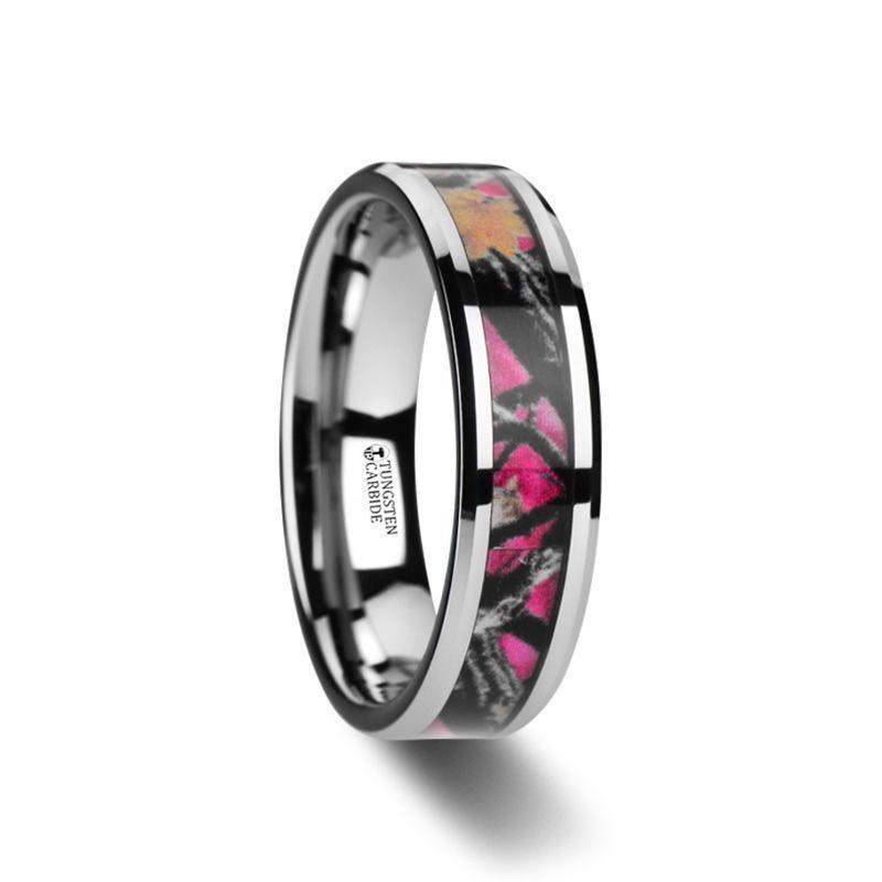 JULIET Realistic Tree Camo Tungsten Carbide Wedding Band with Real Pink Oak Leaves - 6mm - 8mm