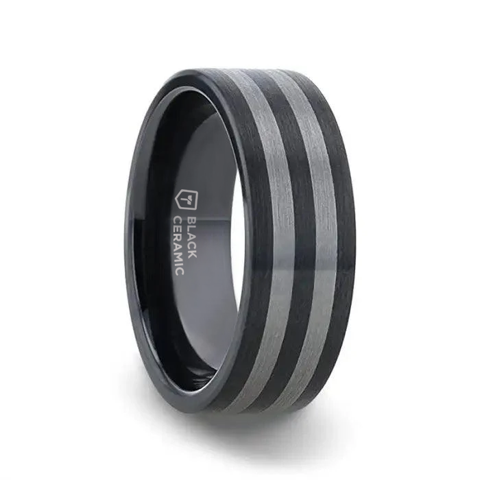 BETA Ceramic ring with Tungsten Inlay With Flat Brushed Edges