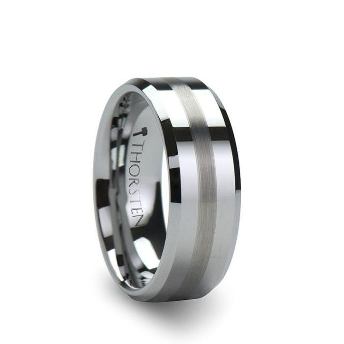 GRENOBLE Flat Beveled Tungsten Wedding Band with Brushed Stripe – 6mm or 8mm