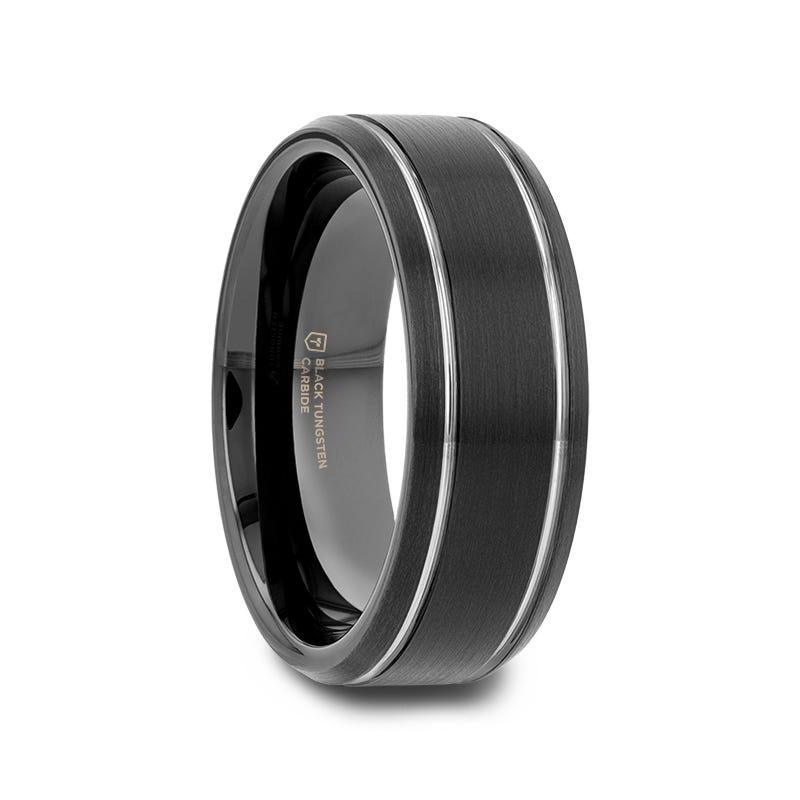 NOCTURNE Black Beveled Tungsten Carbide Band with Polished Grooves and Brushed Finish - 6mm or 8mm