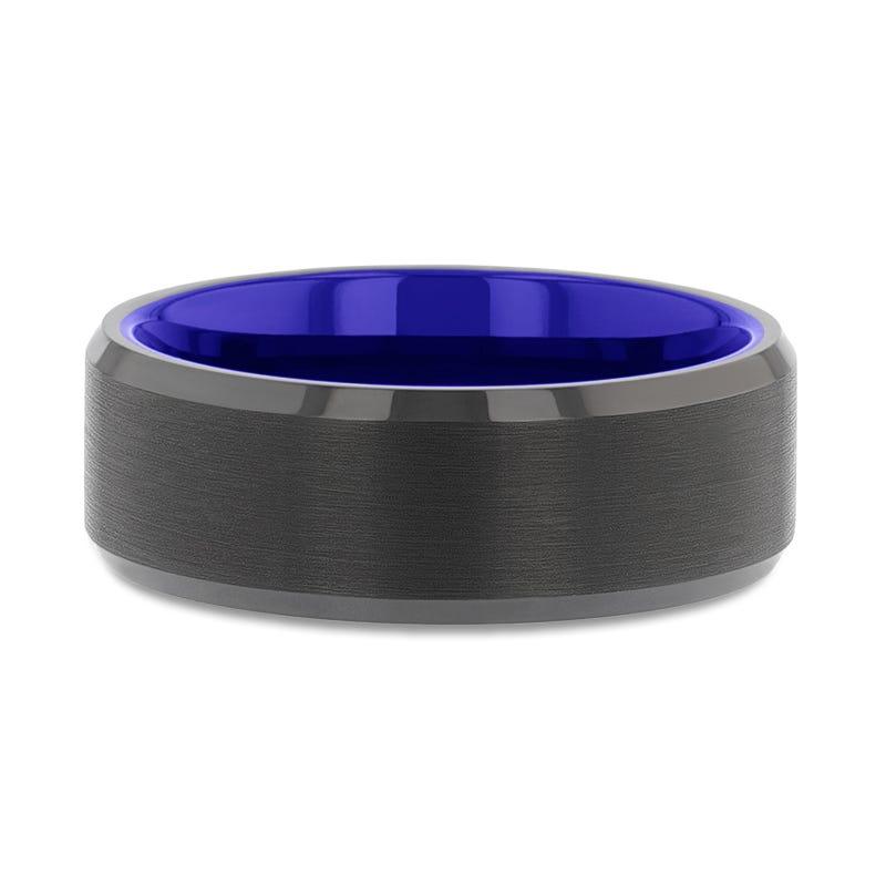 RIGEL Flat Beveled Edges Black Tungsten Ring with Brushed Center and Vibrant Blue Ceramic Inside - 6mm & 8mm