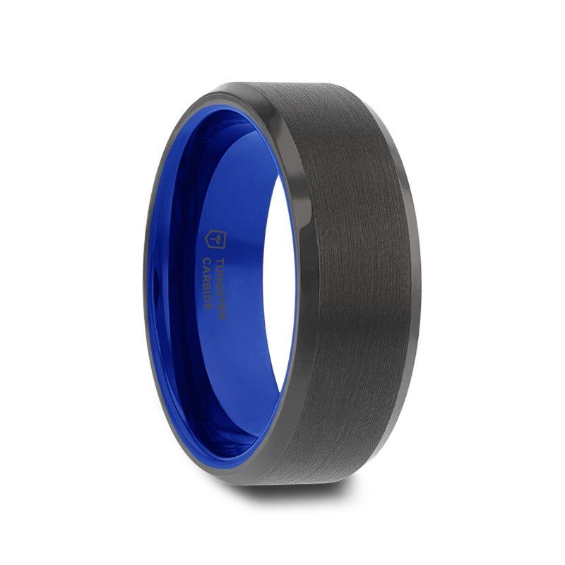 RIGEL Flat Beveled Edges Black Tungsten Ring with Brushed Center and Vibrant Blue Ceramic Inside - 6mm & 8mm