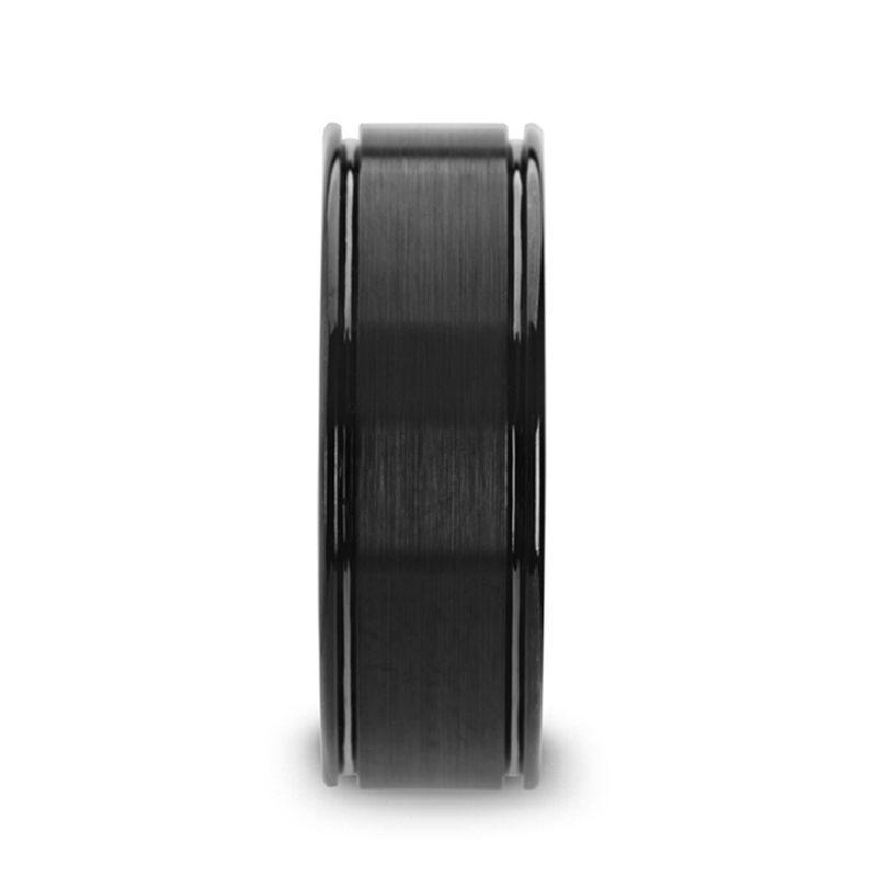 TURNER Flat Brushed Finish Center Black Tungsten Carbide Wedding Band with Dual Offset Grooves and Polished Edges - 6mm & 8mm