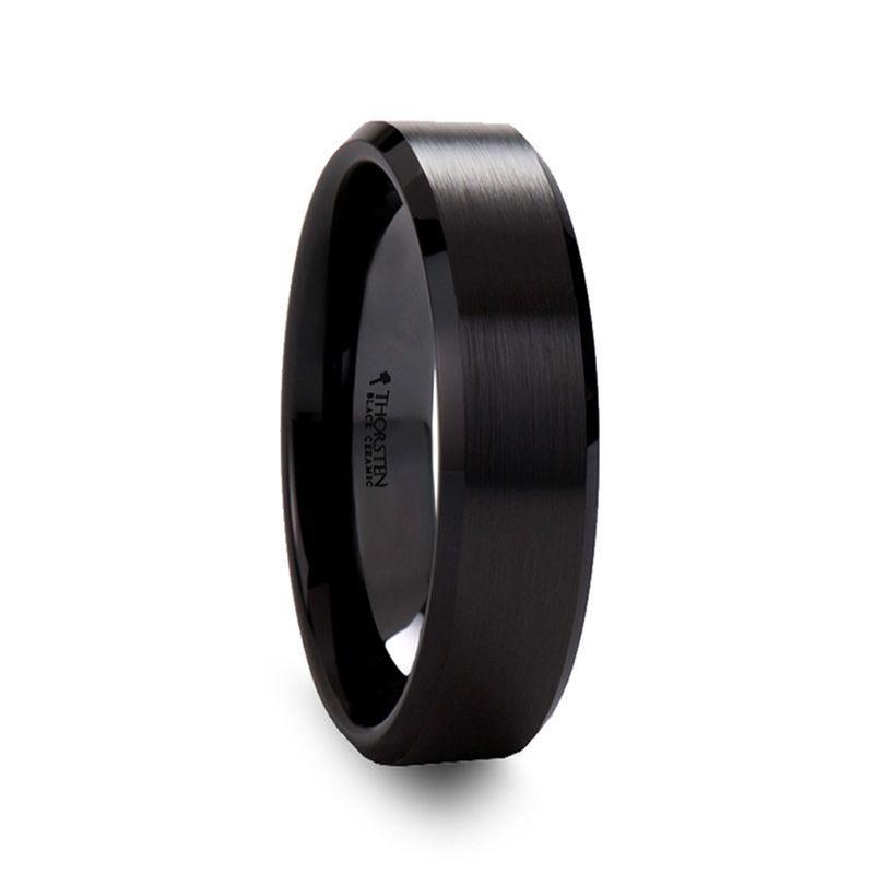 YORKSHIRE Brushed Finish Black Ceramic Wedding Band with Beveled Edges 6mm or 8mm