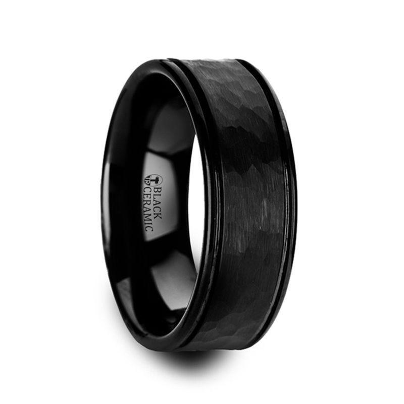 REVENANT Hammered Finish Center Black Ceramic Wedding Band with Dual Offset Grooves and Polished Edges - 6mm or 8mm