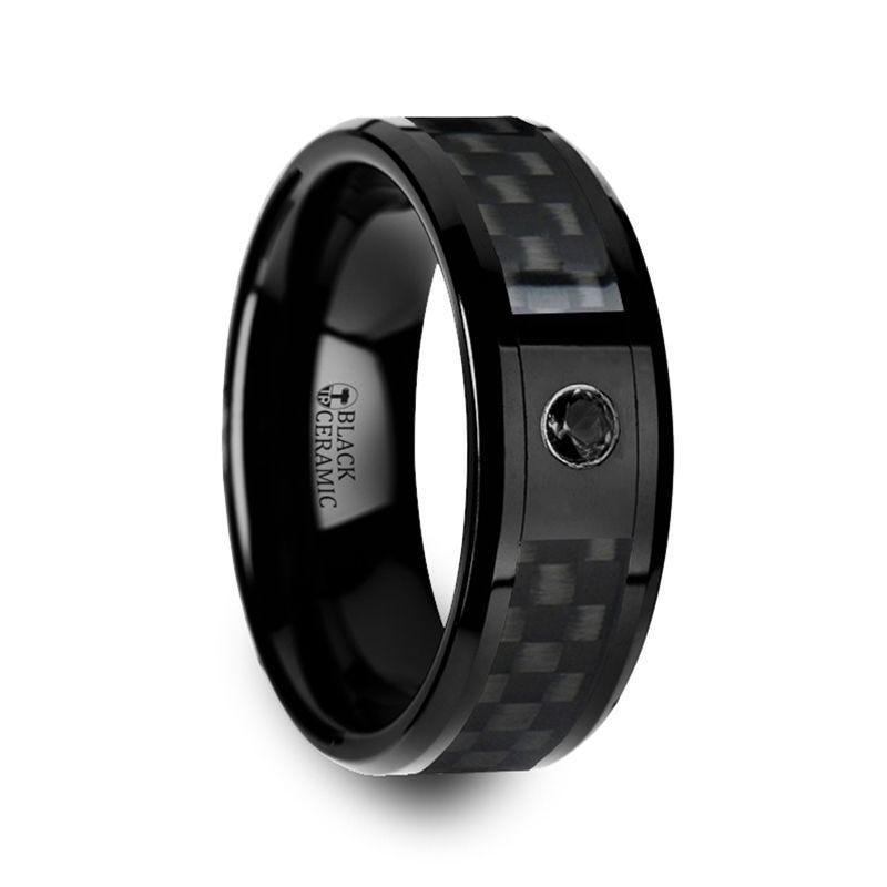 ABERDEEN Black Ceramic Band with Black Diamond and Black Carbon Fiber Inlay - 8mm