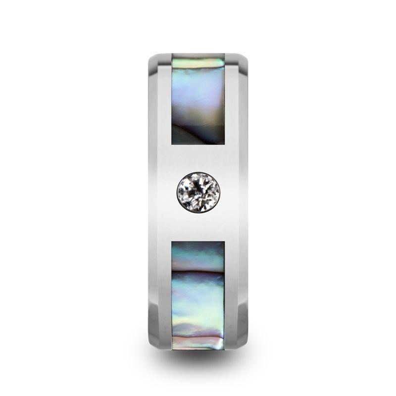 HONOLULU Mother of Pearl Inlay Tungsten Carbide Ring with Beveled Edges and White Diamond - 8mm