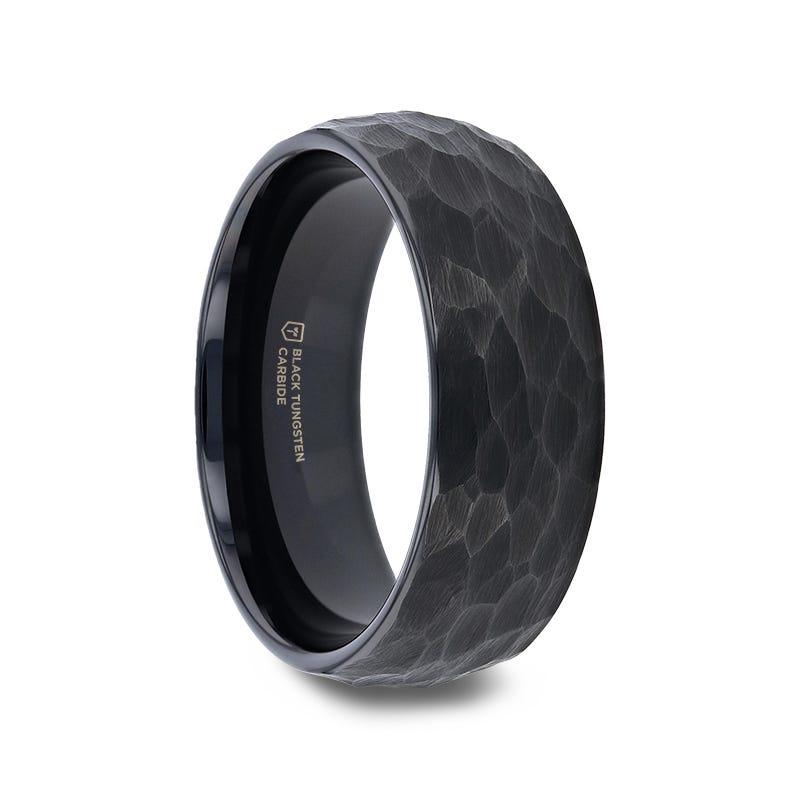 RENEGADE Domed Hammer Finish Black Tungsten Carbide Wedding Band with Brushed Finish - 6mm or 8mm