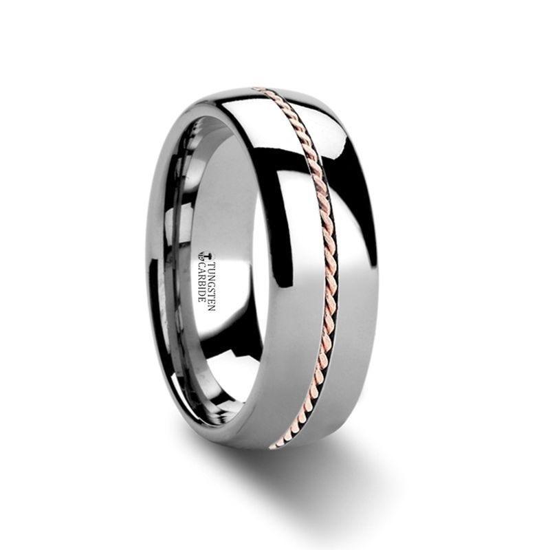 ROSSMOOR Braided 14K Rose Gold Inlay Domed Tungsten Ring - 6mm & 8mm