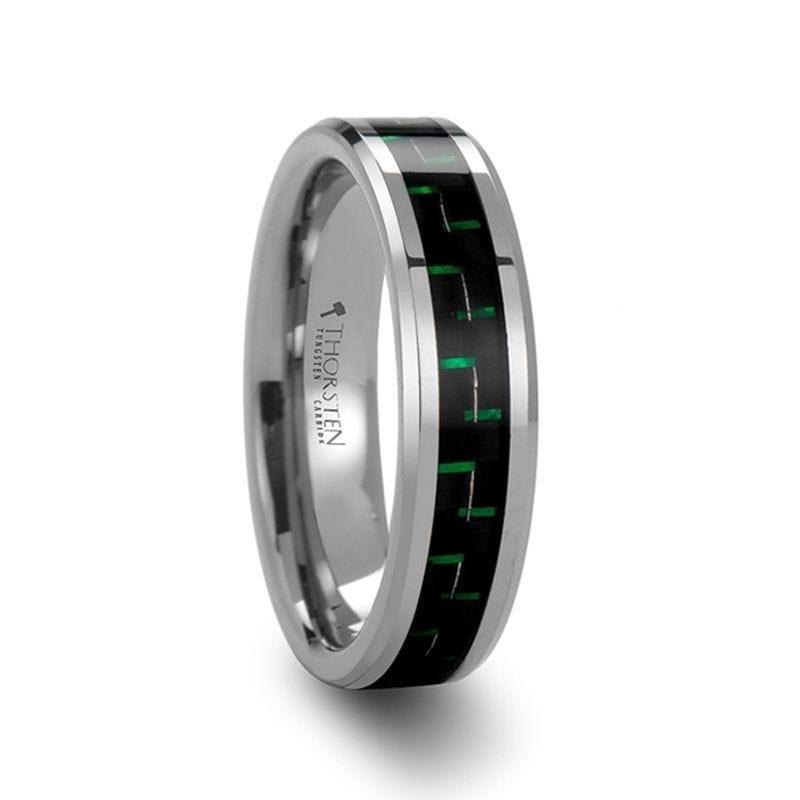 ATRONIUS Tungsten Carbide Wedding Band with Black & Green Carbon Fiber Inlay - 6mm - 10mm