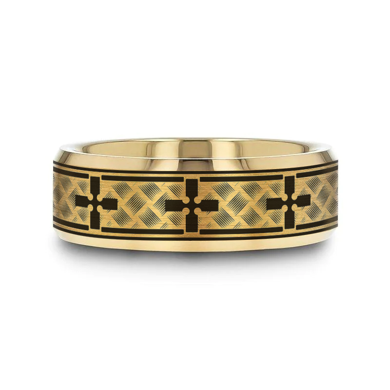 WOVEN CROSSES on Gold Plated Tungsten Carbide Ring with Beveled Edges