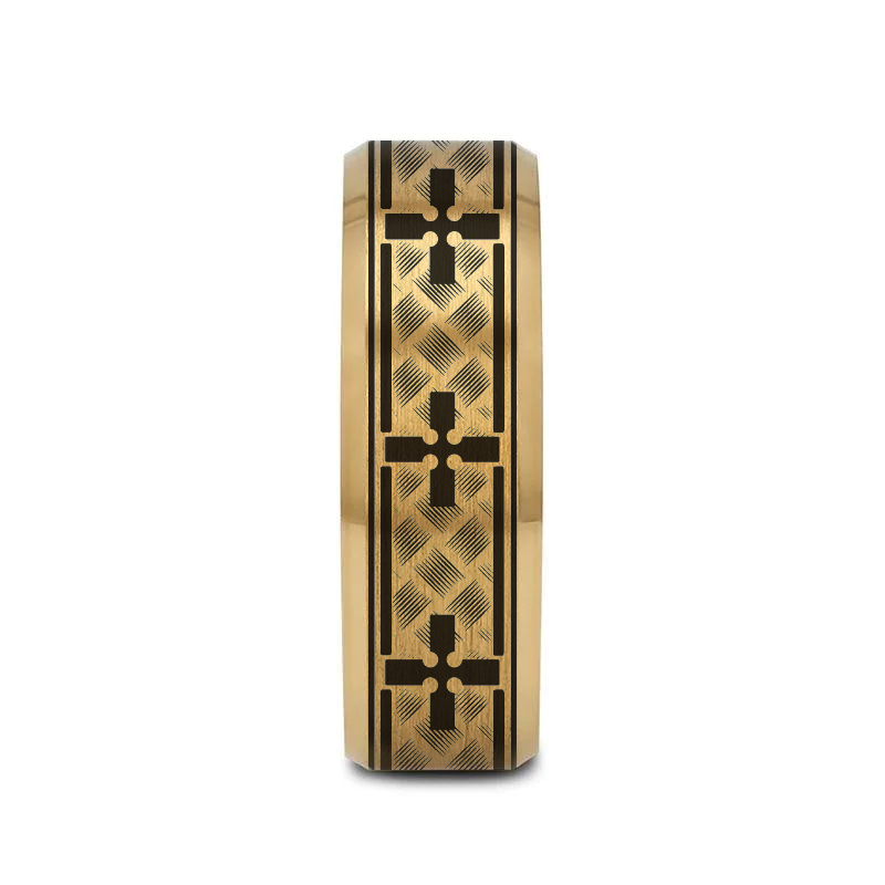 WOVEN CROSSES on Gold Plated Tungsten Carbide Ring with Beveled Edges