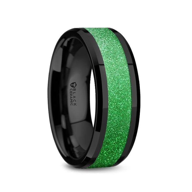 WAIKIKI Black Ceramic Polished Beveled Edges Sparkling Green Inlay Men’s Wedding Band - 8mm