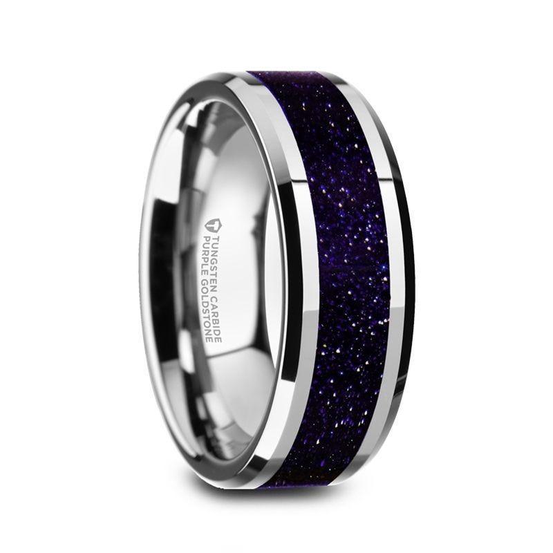 MAKI Men’s Beveled Polished Finish Tungsten Wedding Ring with Purple Goldstone Inlay - 8mm