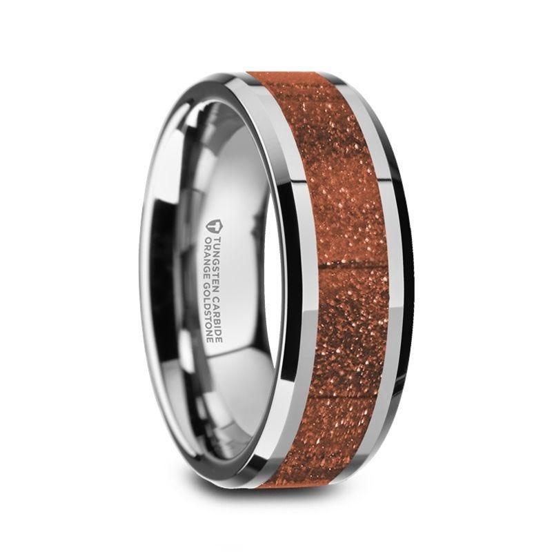 BODHI Men’s Polished Finish Beveled Edges Tungsten Wedding Band with Orange Goldstone Inlay - 8mm