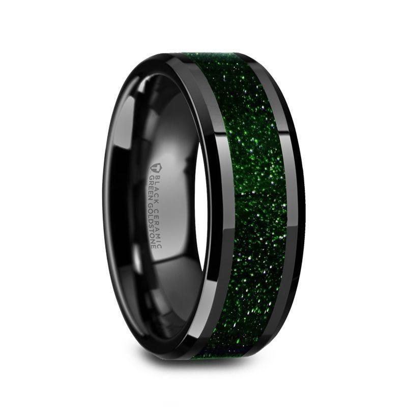 GIOVANNI Men’s Polished Finish Black Ceramic Beveled Wedding Band with Green Goldstone Inlay - 8mm