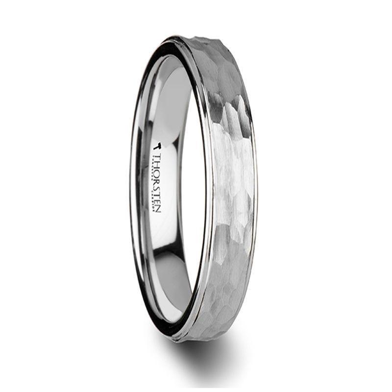 WINNIE Women's White Tungsten Ring with Raised Hammered Finish Center and Polished Step Edges - 4mm