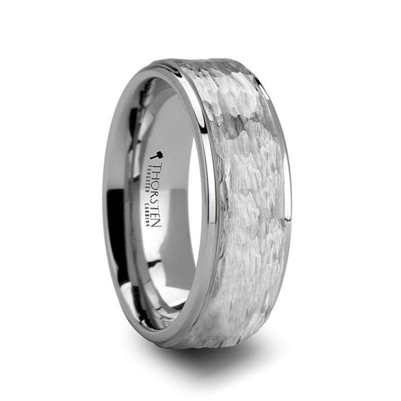 WINNIE Women's White Tungsten Ring with Raised Hammered Finish Center and Polished Step Edges - 4mm