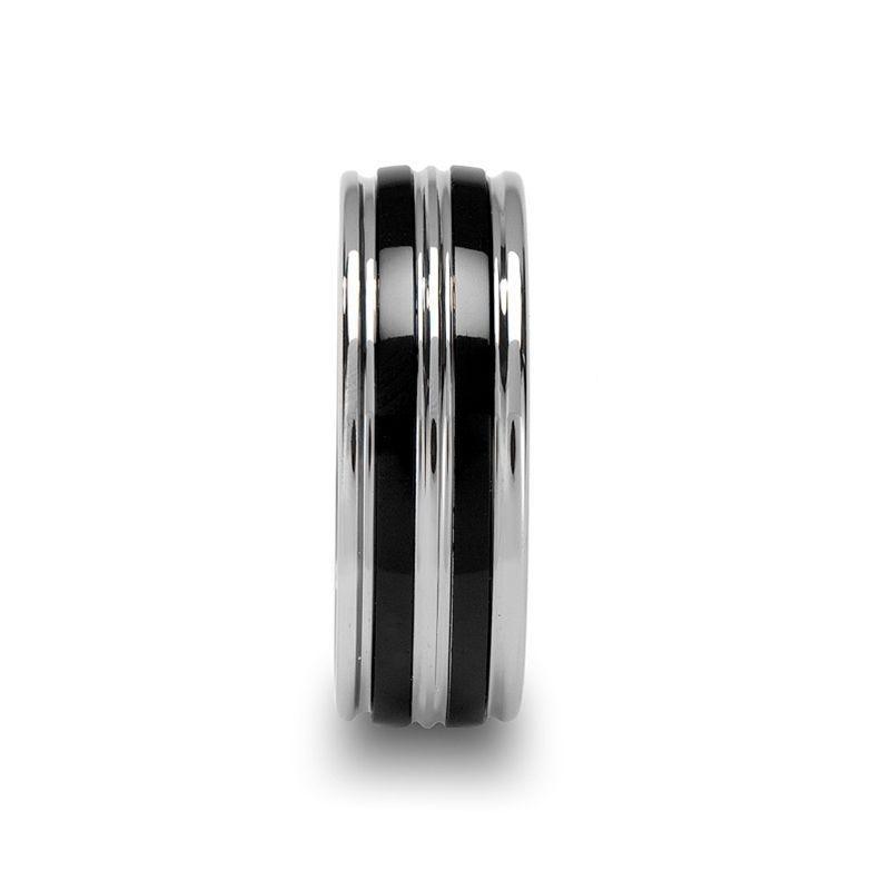 LEVIATHAN Grooved Tungsten Ring With Dual Offset Black Ceramic Inlays - 8mm