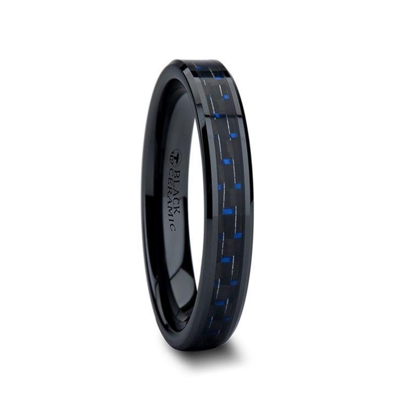 AVITUS Black Beveled Ceramic Ring with Blue & Black Carbon Fiber Inlay - 4mm - 10mm