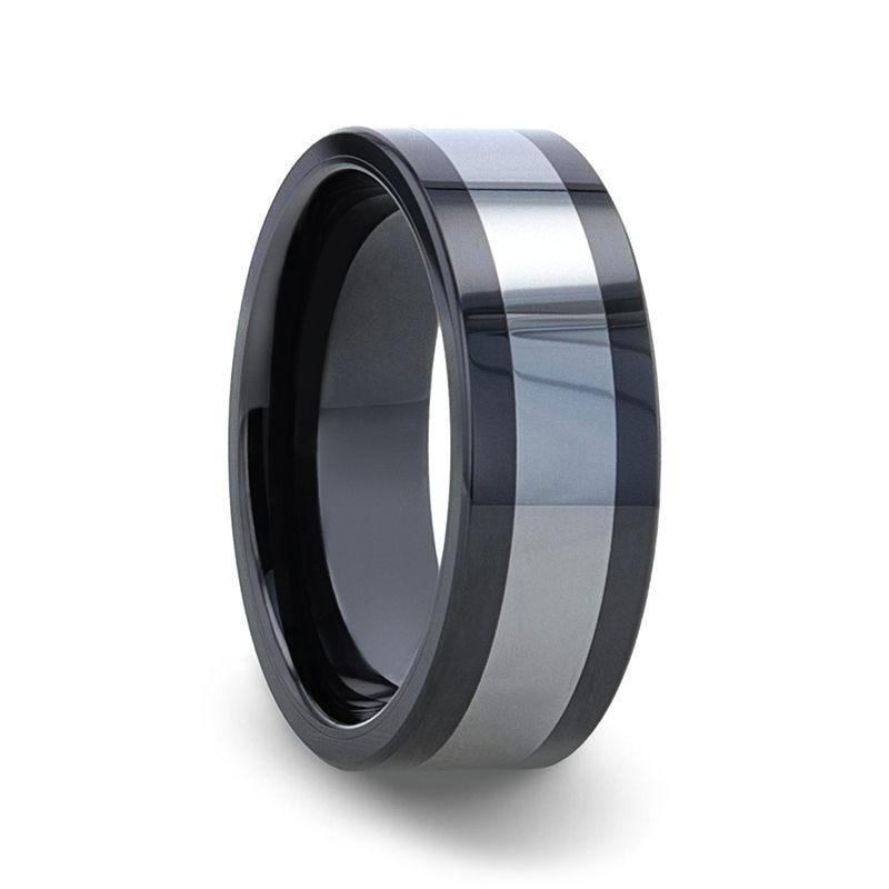 HUSKEY Ceramic Band with Tungsten Inlay and Flat Polished Edges - 8mm