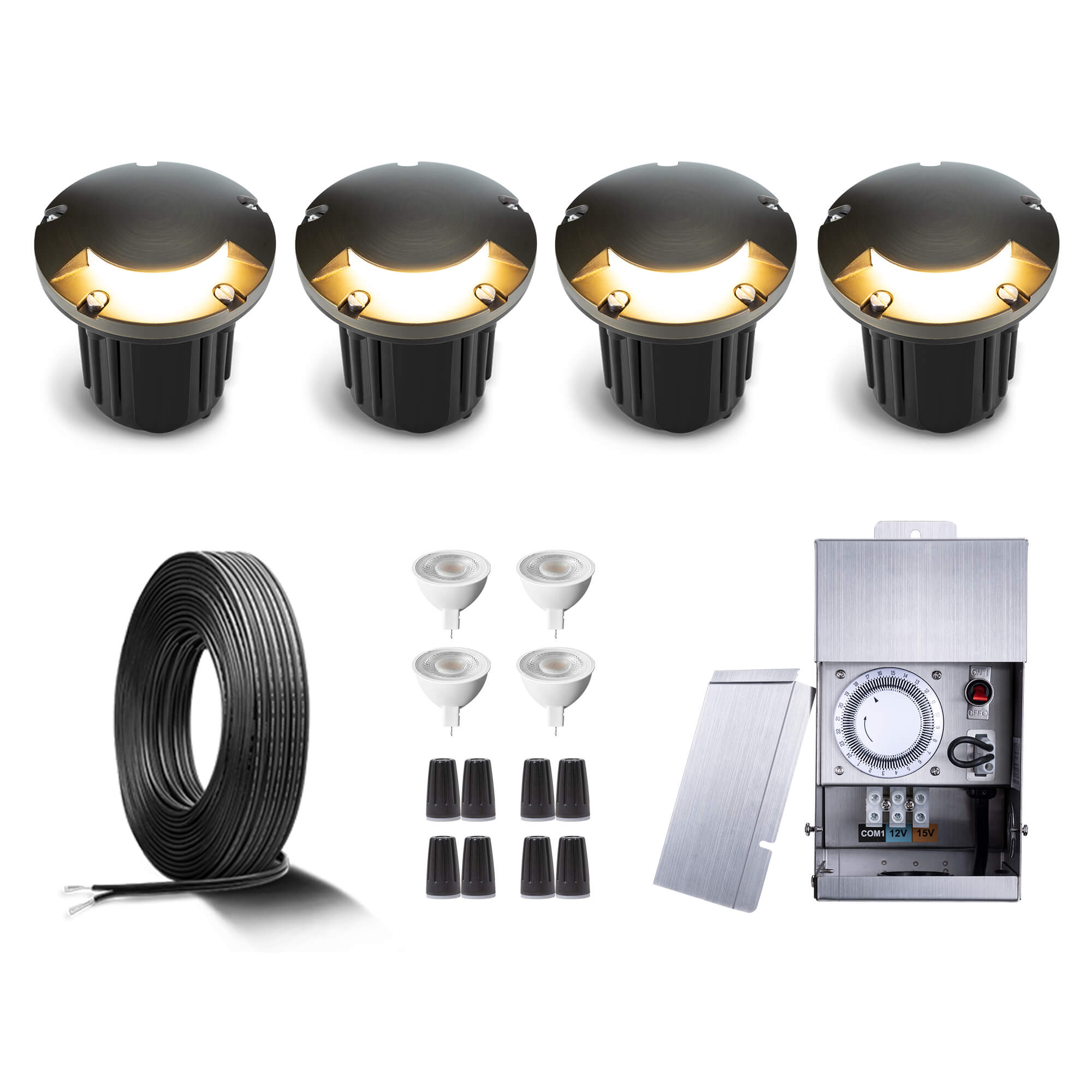 Gardenreet Brass Low Voltage Landscape Lighting Kit (4/6/8/12Pack Turret Well Lights) 12V LED with Low Voltage Transformer,  Mechanical Timer, Wire, Connectors for Outdoor House Yard Patio Pathway Lighting (2204)