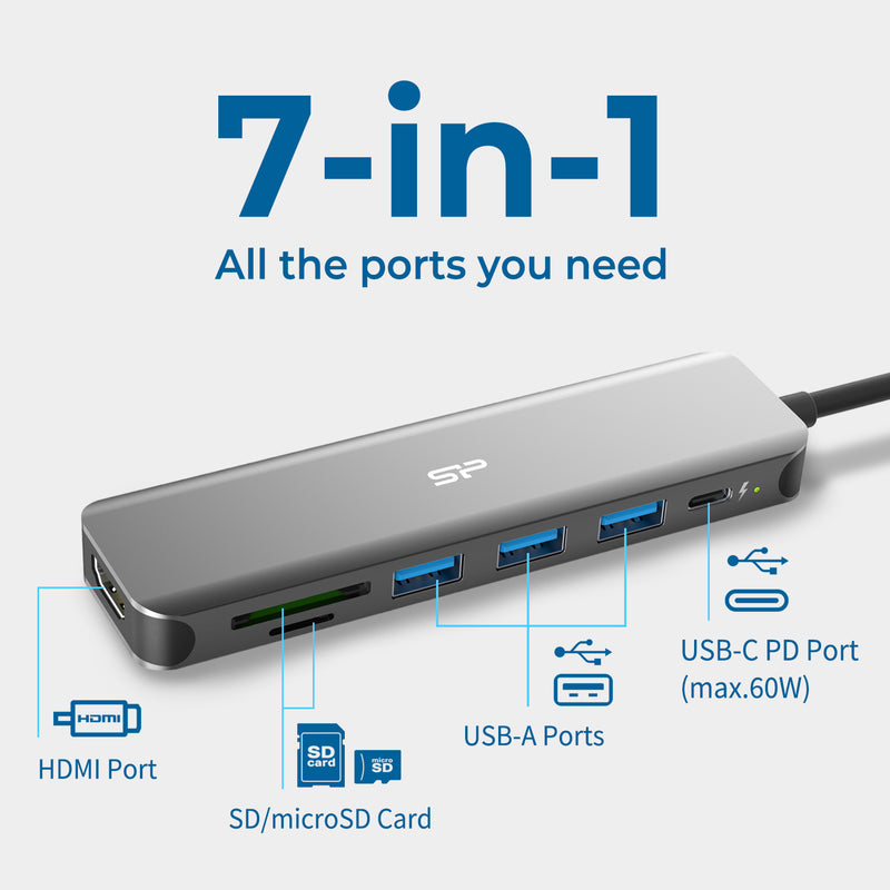 Silicon Power SU20 7-in-1 Docking Station with HDMI, USB Type-A, USB-C PD, SD, and microSD ports