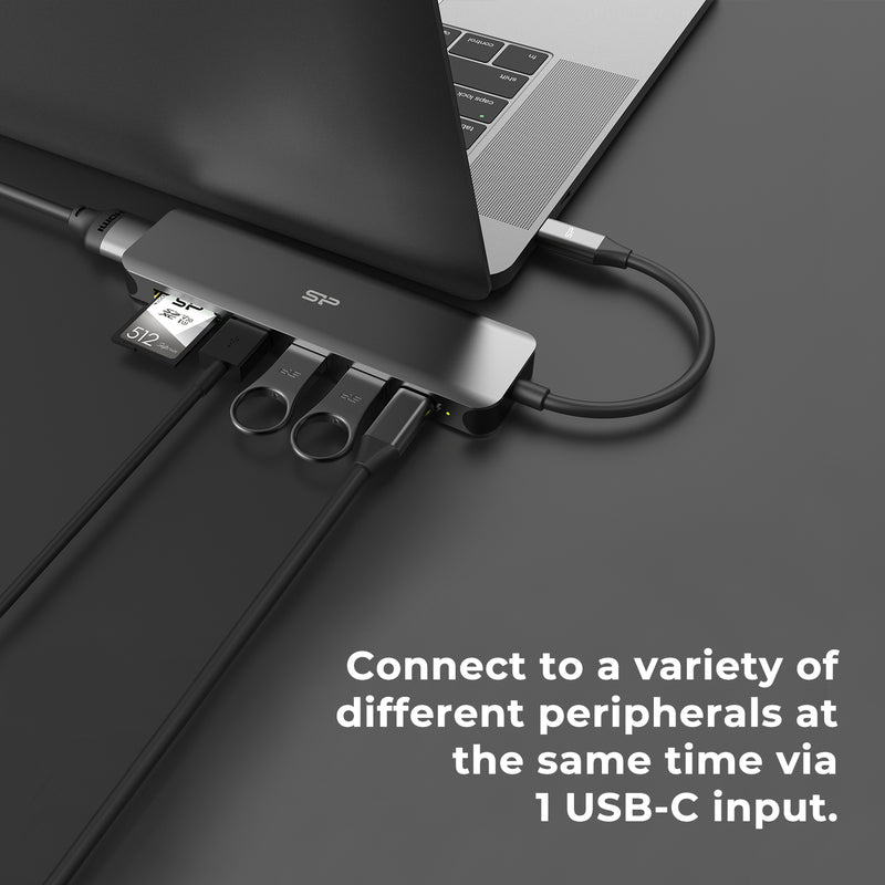 Silicon Power SU20 7-in-1 Docking Station with HDMI, USB Type-A, USB-C PD, SD, and microSD ports